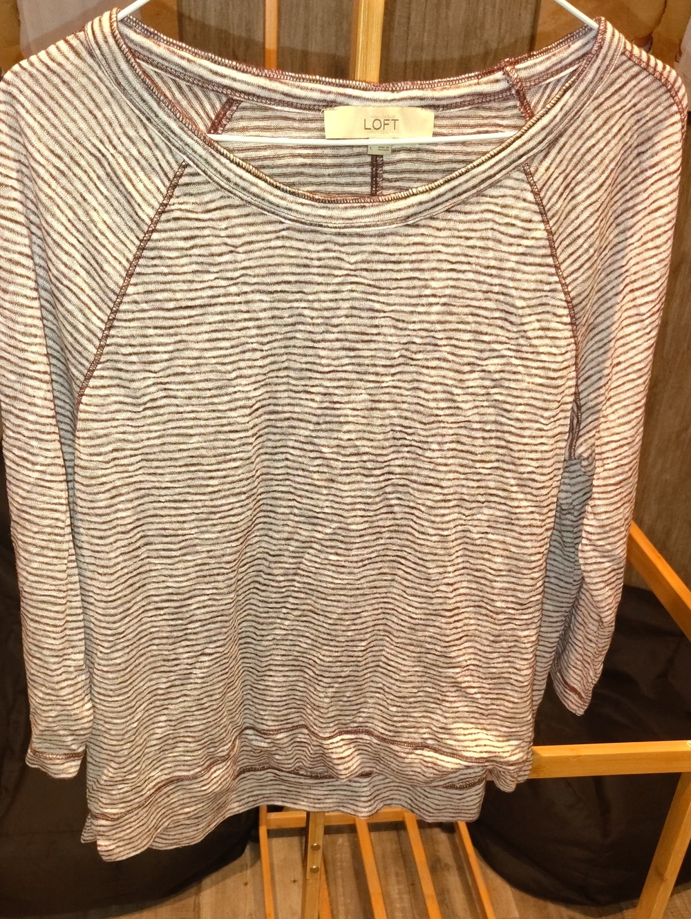 LOFT Cream and Brown Striped Raglan Pullover